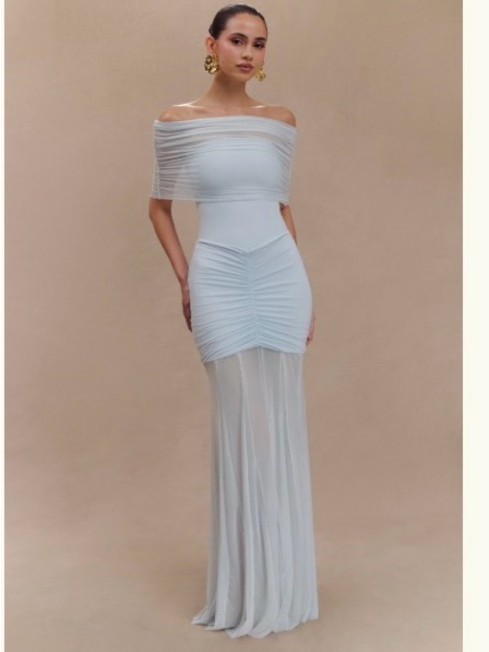 Meshki Pale Blue Off-Shoulder Mesh Evening Gown